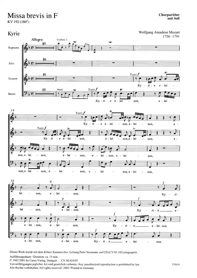 Top-Seller Missa brevis in F KV 192 (186f) (1774)