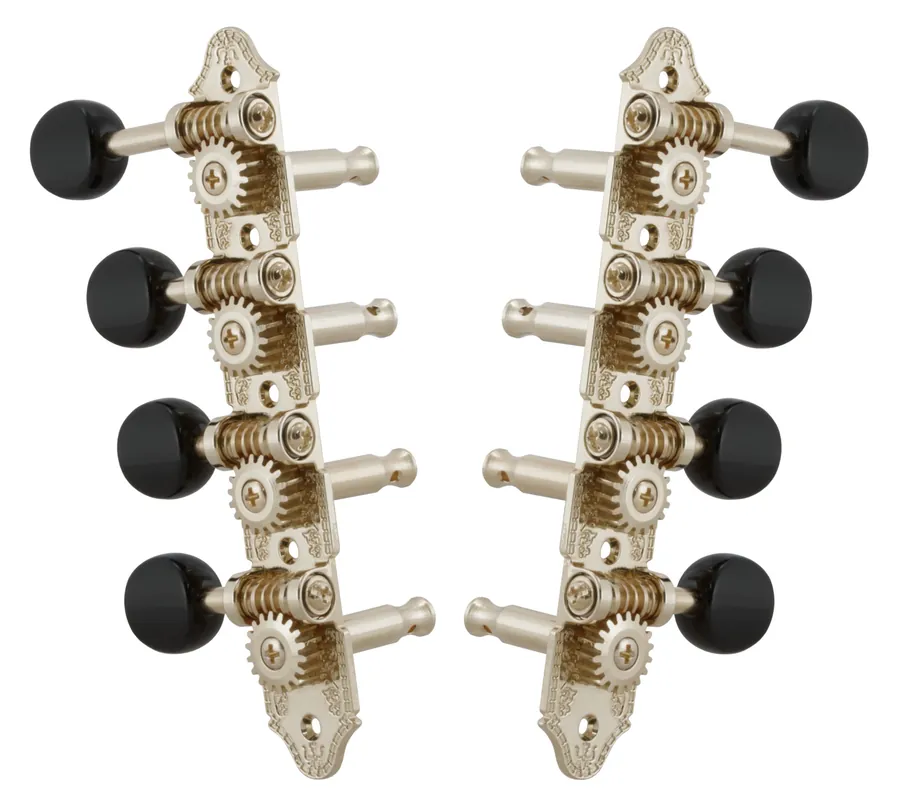 Grover 409FNB Professional Mandolin Standard "F"-Style Machine Heads with Black Button - Standard, 4 + 4 - Nickel Top-Seller