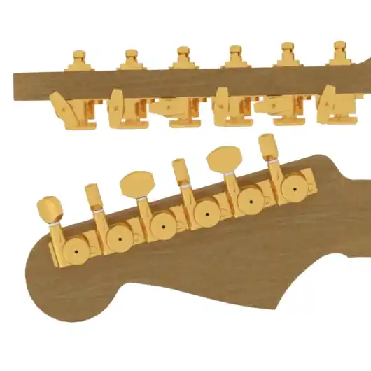 Hipshot Vintage Tuner Upgrade Kit, with Universal Mounting Plates, 6-in-Line (left / bass side), Staggered Posts - Gold Im Trend