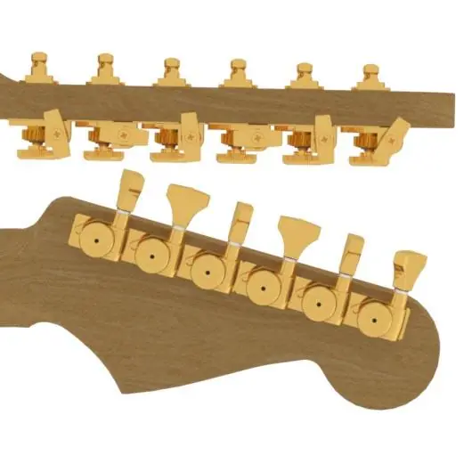 Preisknaller Hipshot Locking Tuner Kit with Universal Mounting Plates, Lefthand Version, 6-in-Line (right / treble side), Staggered Posts - Gold